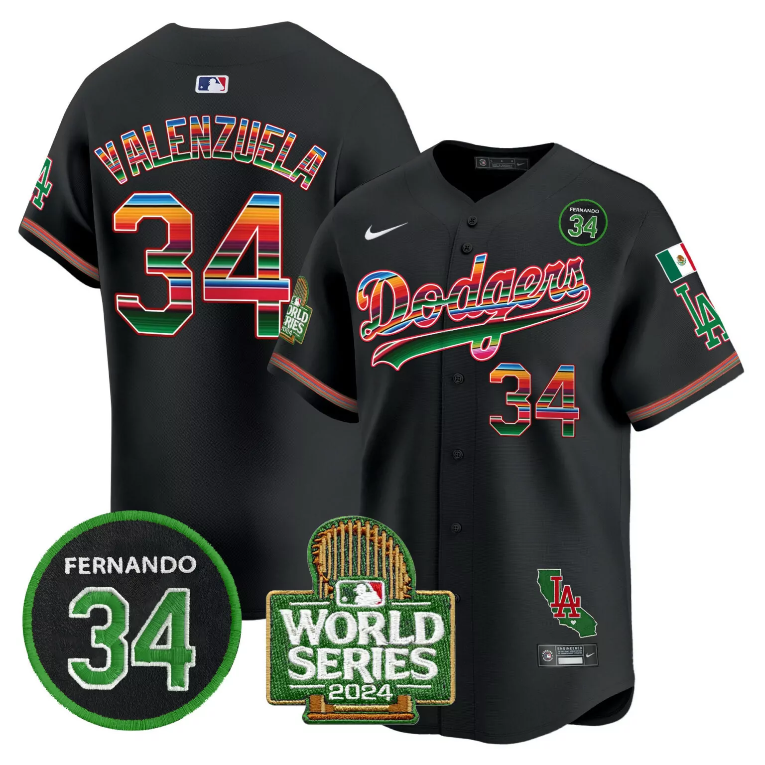 Fernando Valenzuela 34 Dodgers Jersey Black World Series 2024 Mexico Flag Men Green