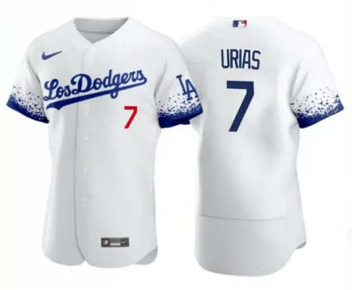 Julio Urias 7 Los Angeles Dodgers Jersey White Men Split Design Blue Red Flex Base