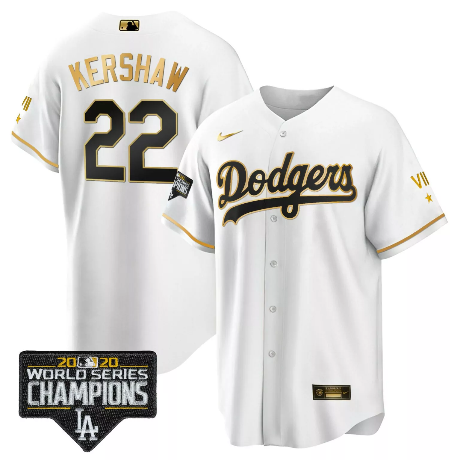 Clayton Kershaw 22 Dodgers Jersey White 2020 World Series Champions Men Black Gold