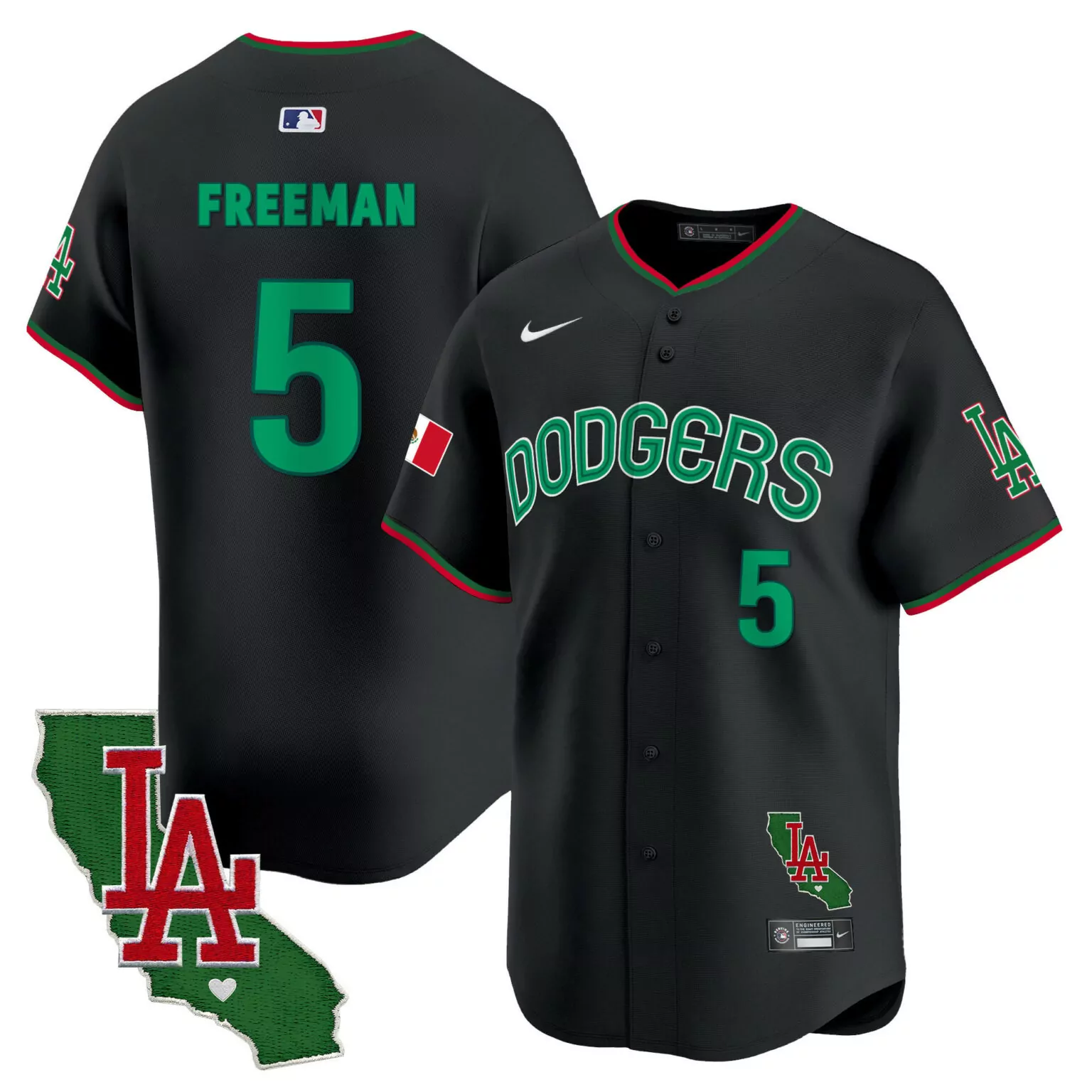 Freddie Freeman 5 Dodgers Jersey Black City Connect Mexico Flag LA Men Green Red