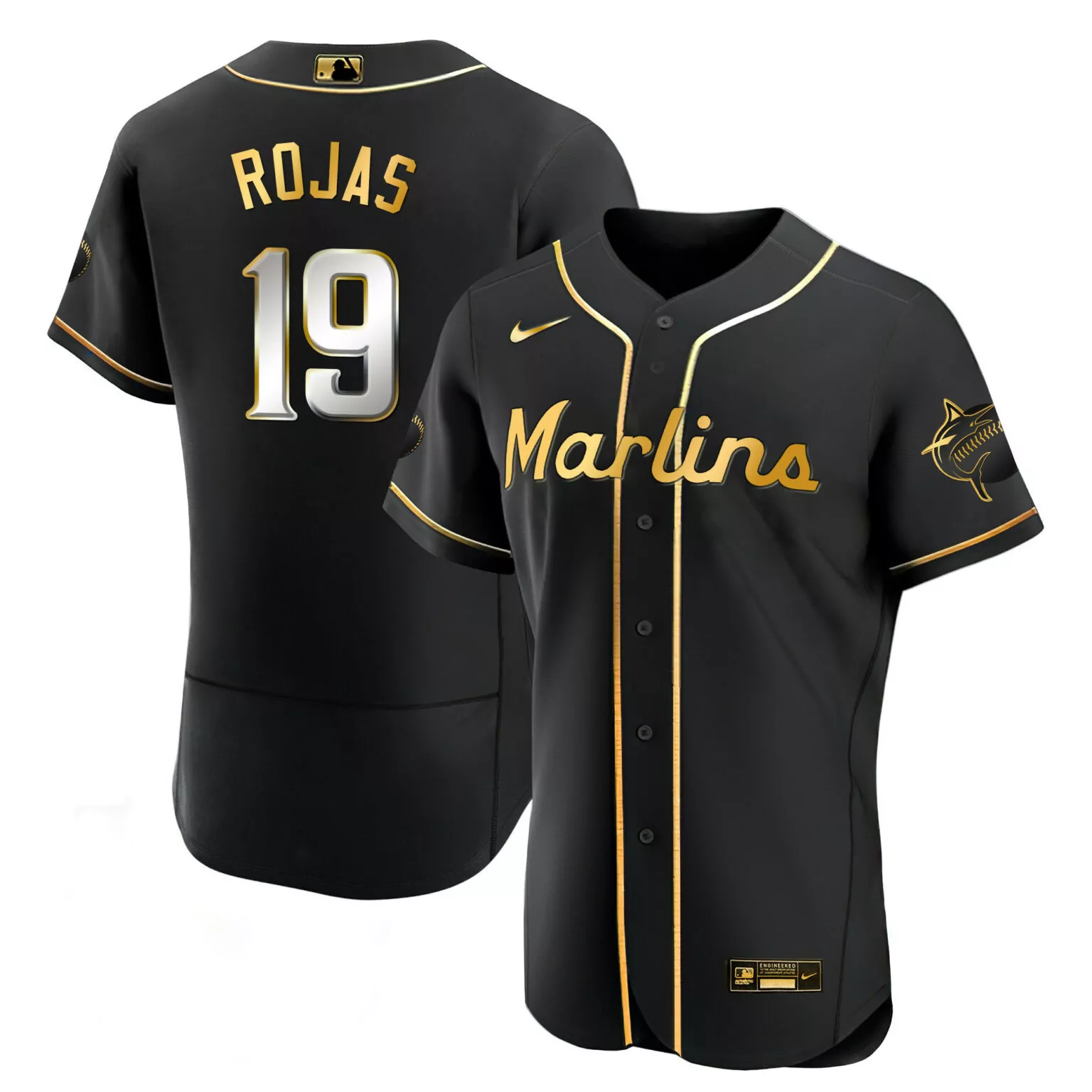 Miguel Rojas 19 Marlins Jersey Black Men Gold Flex All Stitched