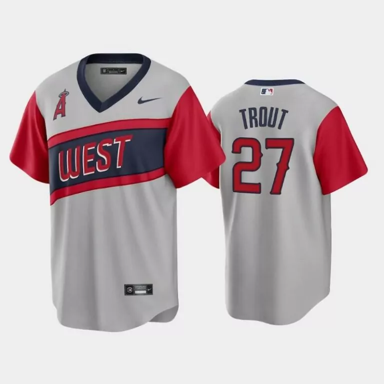 Mike Trout 27 Los Angeles Angels Jersey Grey City Connect Men Split Design Red Navy