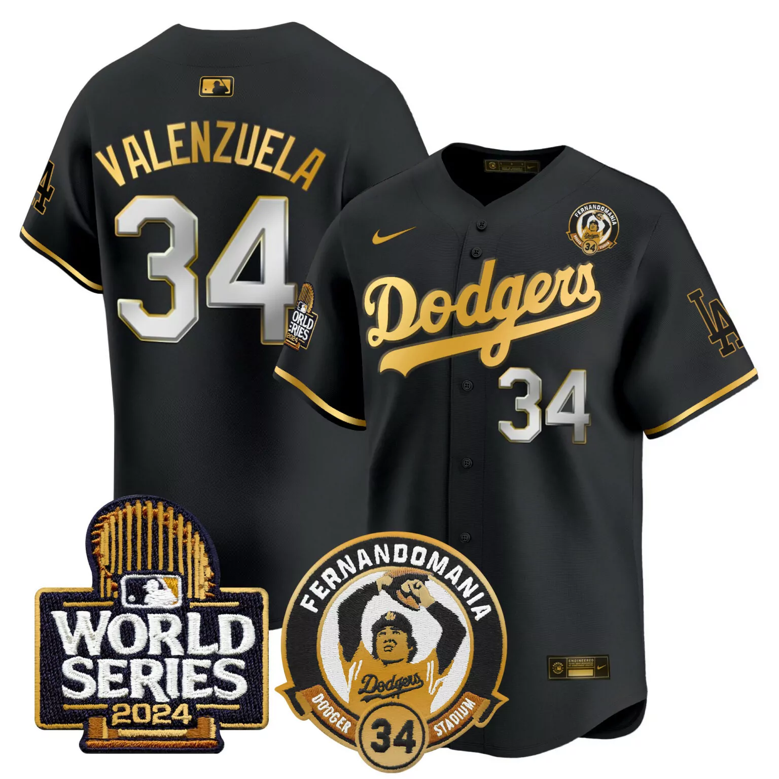 Fernando Valenzuela 34 Dodgers Jersey Black Fernandomania World Series 2024 Men Replica