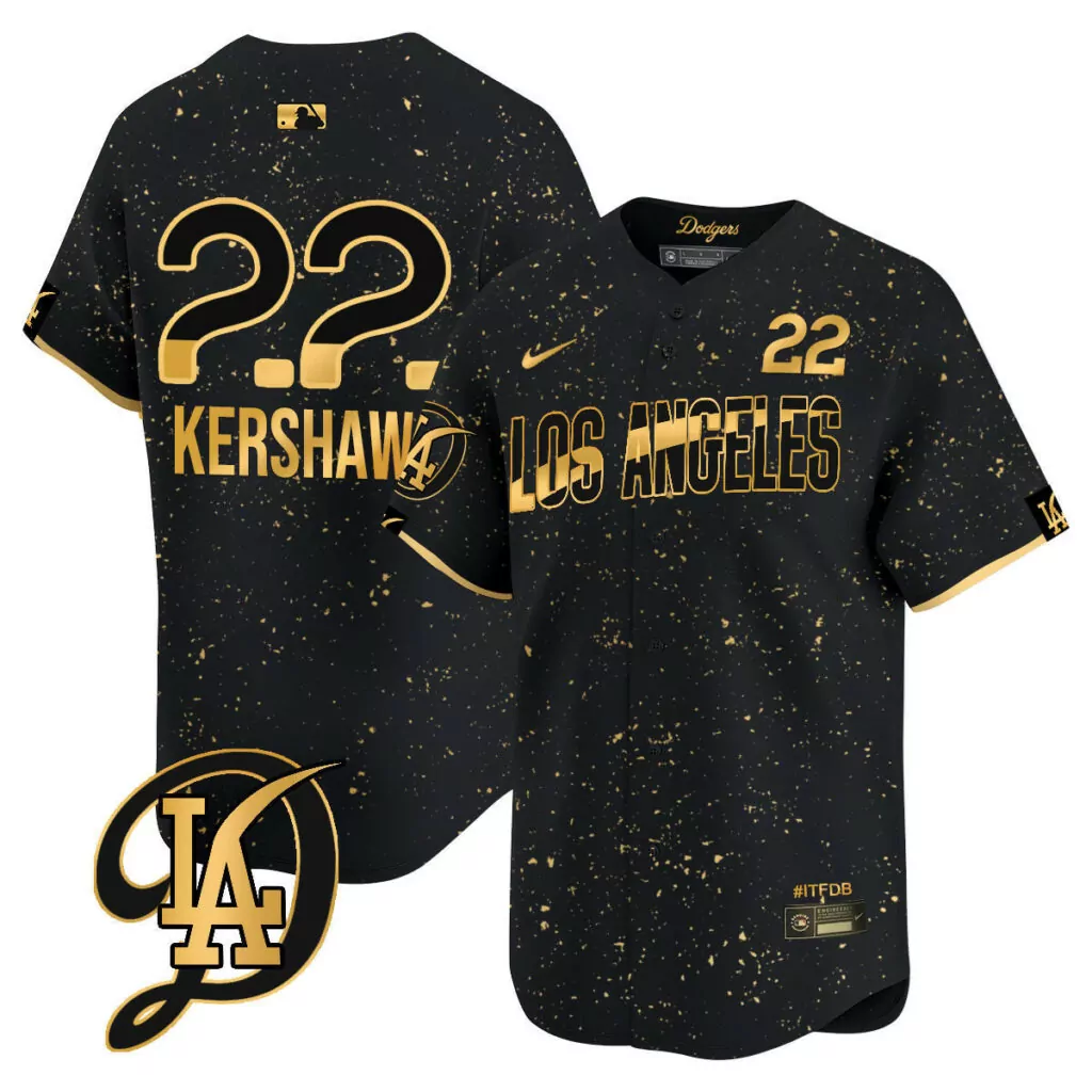Clayton Kershaw 22 Jersey Black Los Angeles Dodgers #itfdb Men Split Design Gold