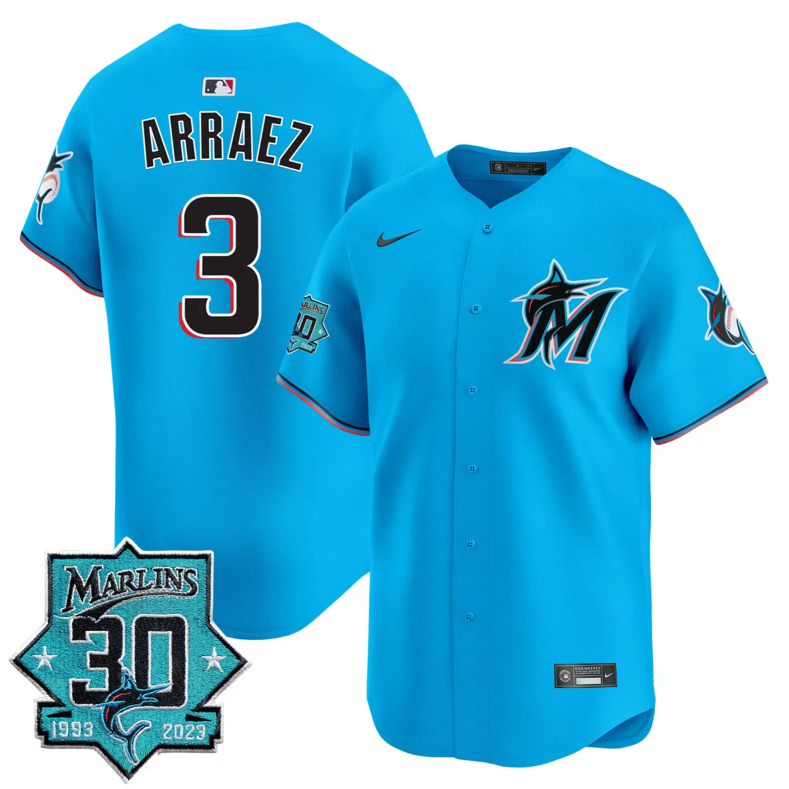 Luis Arraez 3 Marlins Jersey Blue 30th Anniversary 1993-2023 Men Black Red White
