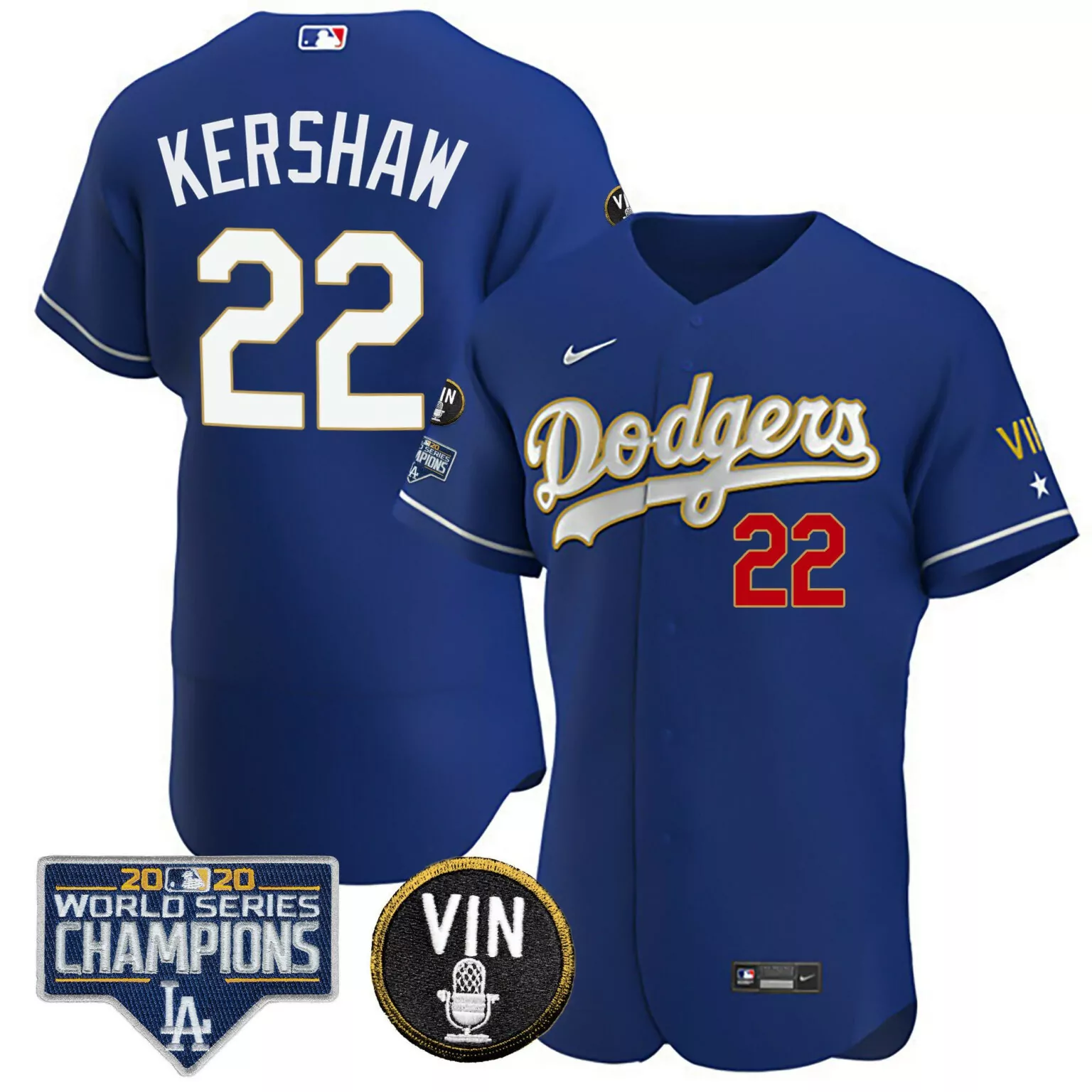 Clayton Kershaw 22 Dodgers Jersey Blue 2020 World Series Champions Vin Men White