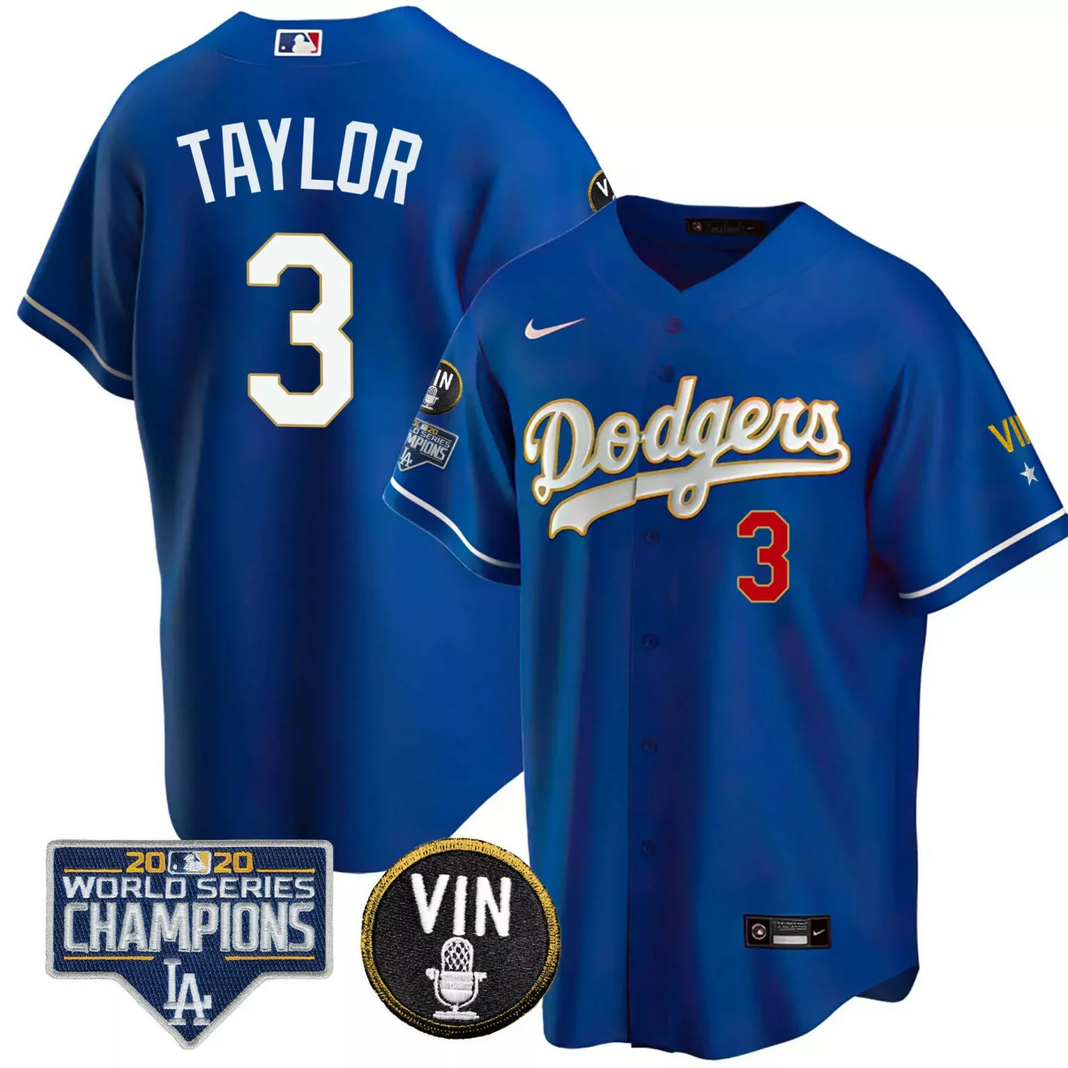 Chris Taylor 3 Dodgers Jersey Royal Blue 2020 World Series Champions Vin Men White