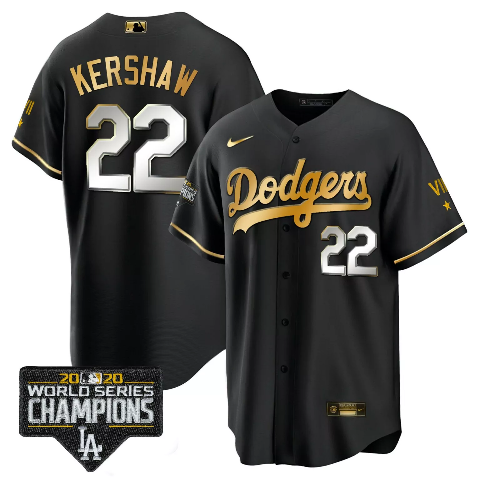 Clayton Kershaw 22 Dodgers Jersey Black 2020 World Series Champions Men Gold White