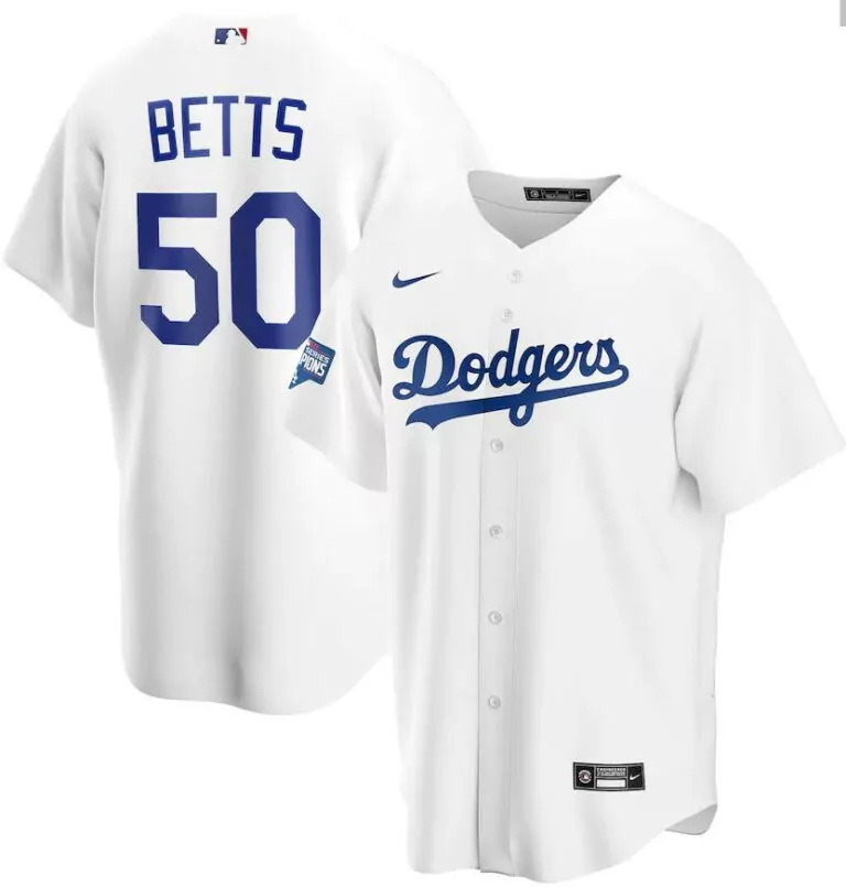 Mookie Betts 50 Dodgers Jersey White World Series Champions 2023 Men Blue Cool Base