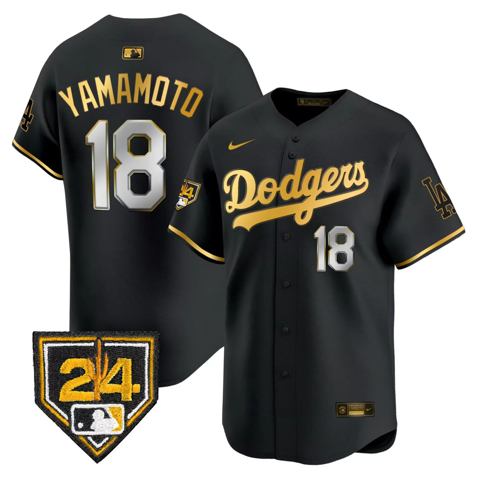Yamamoto Training 18 Dodgers Jersey Black 24 LA Men Gold White All Stitched