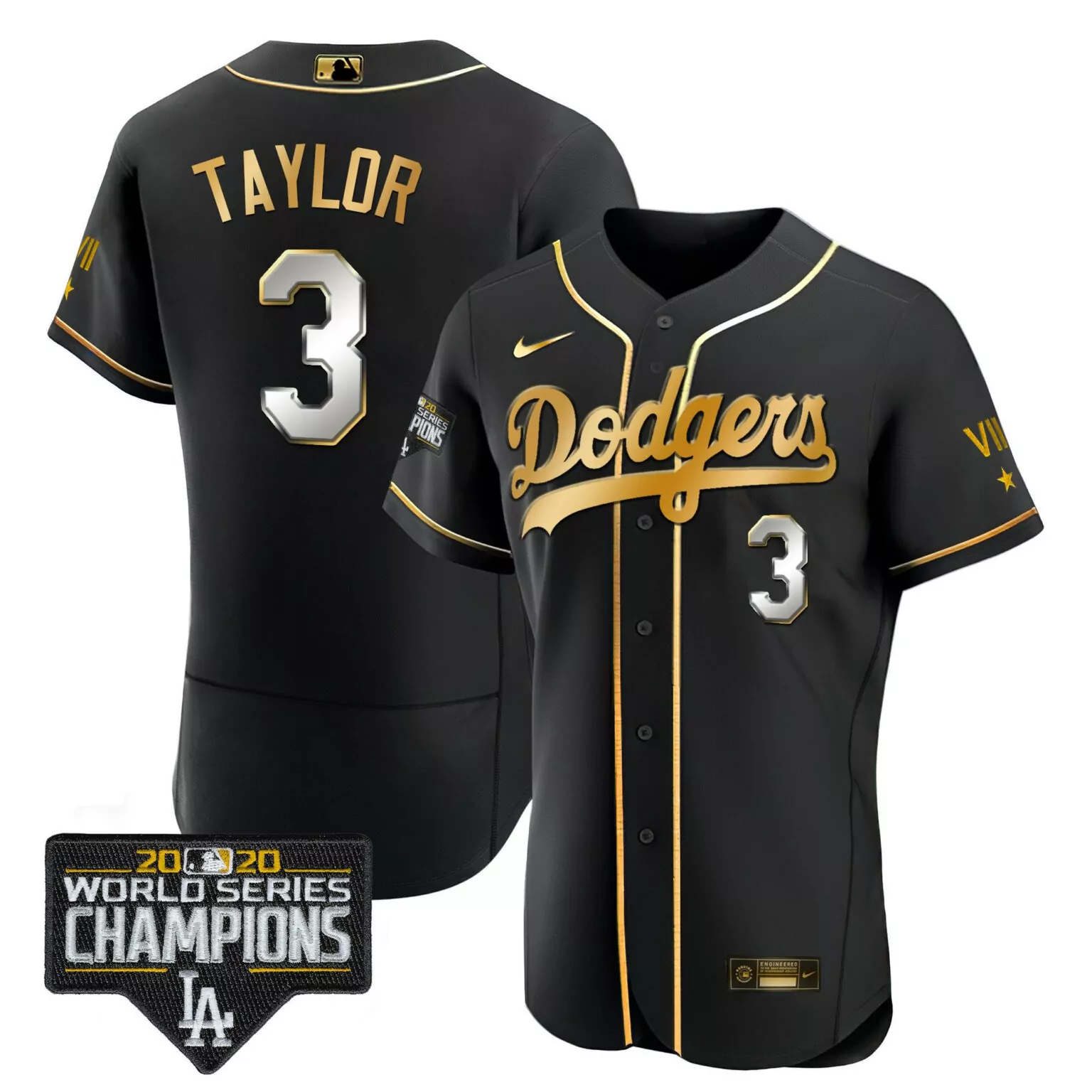 Chris Taylor 3 Dodgers Jersey Black 2020 World Series Champions Men Gold Silver Flex