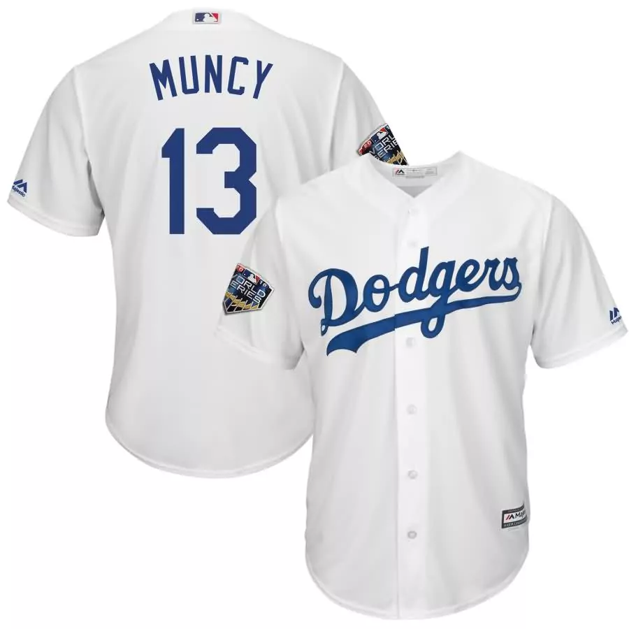 Max Muncy 13 Dodgers Jersey White 2018 World Series Men Blue Cool Base