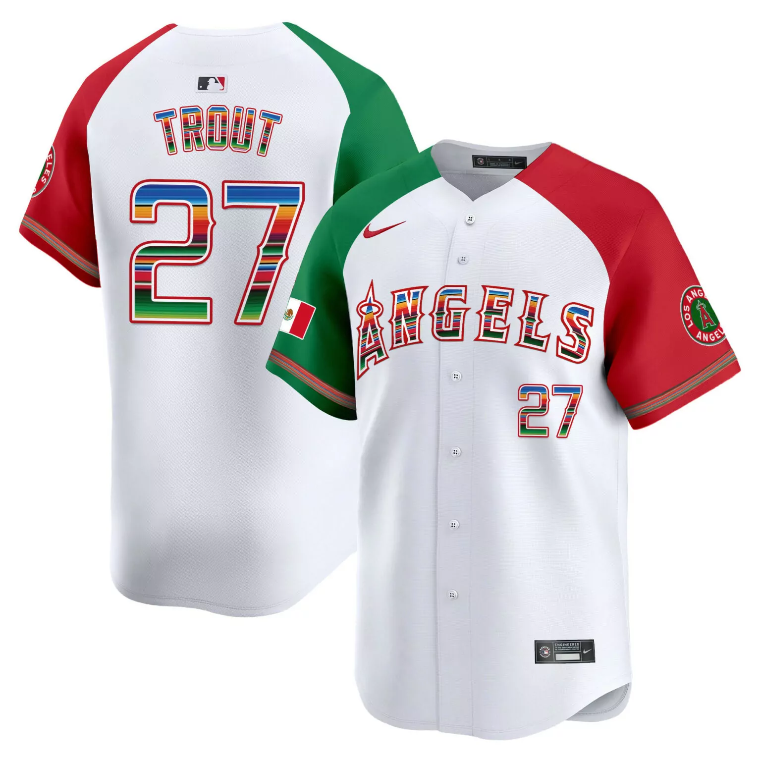 Mike Trout 27 Los Angeles Angels Jersey White Mexico Flag Split Design Red Green