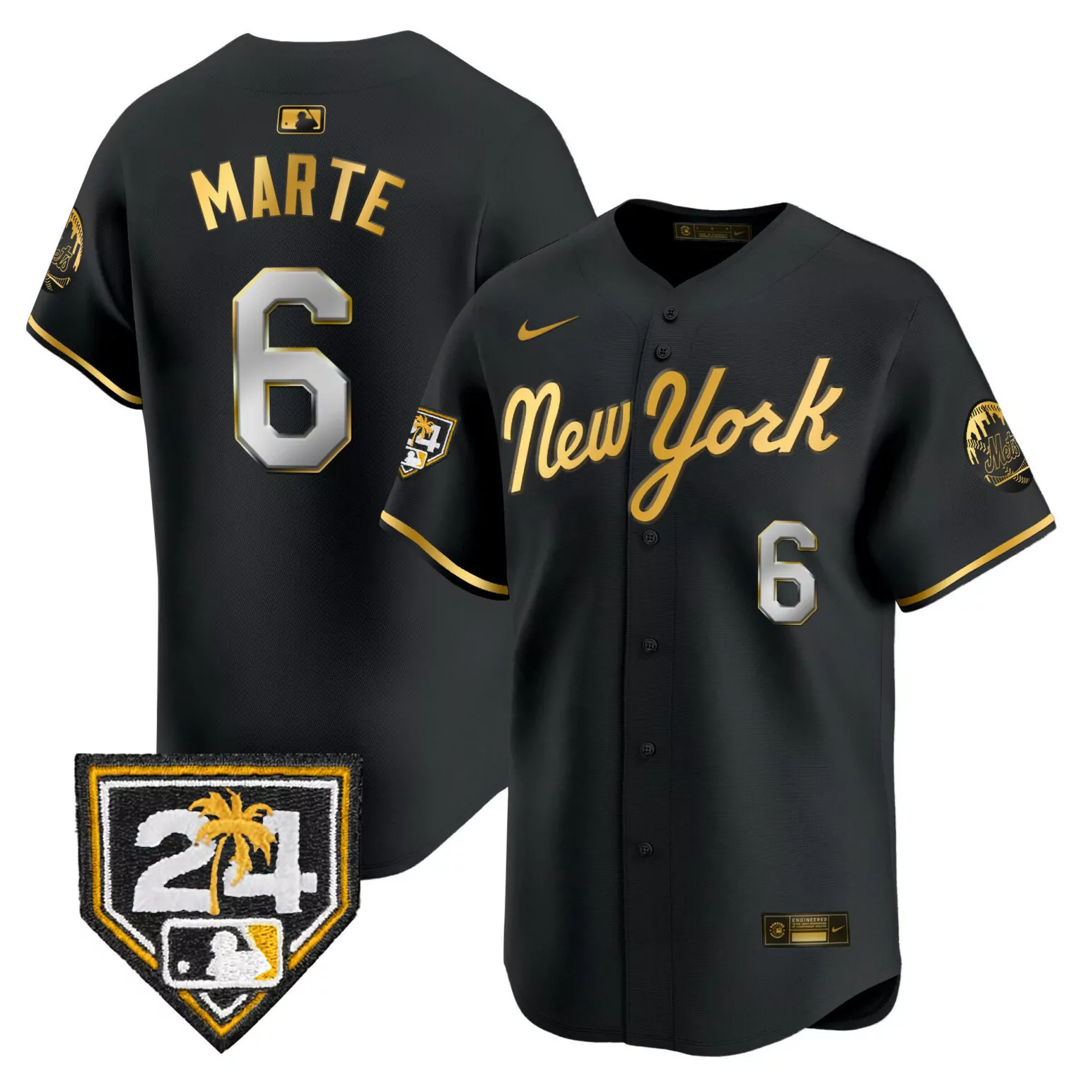Starling Marte 6 New York Mets Jersey Black City Connect Men Gold Silver All Stitched