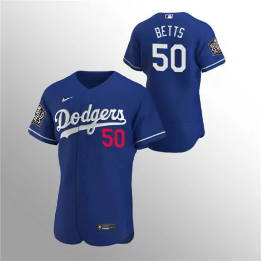 Mookie Betts 50 Dodgers Jersey Blue World Series Men White Red Stitched