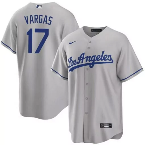 Miguel Vargas 17 Jersey Gray Los Angeles Dodgers Men Blue Cool Base Stitched