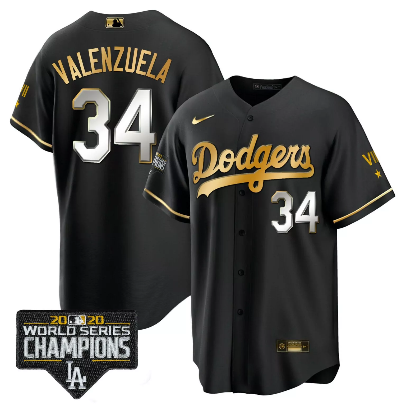 Fernando Valenzuela 34 Dodgers Jersey Black 2020 World Series Men Inverted Gold White
