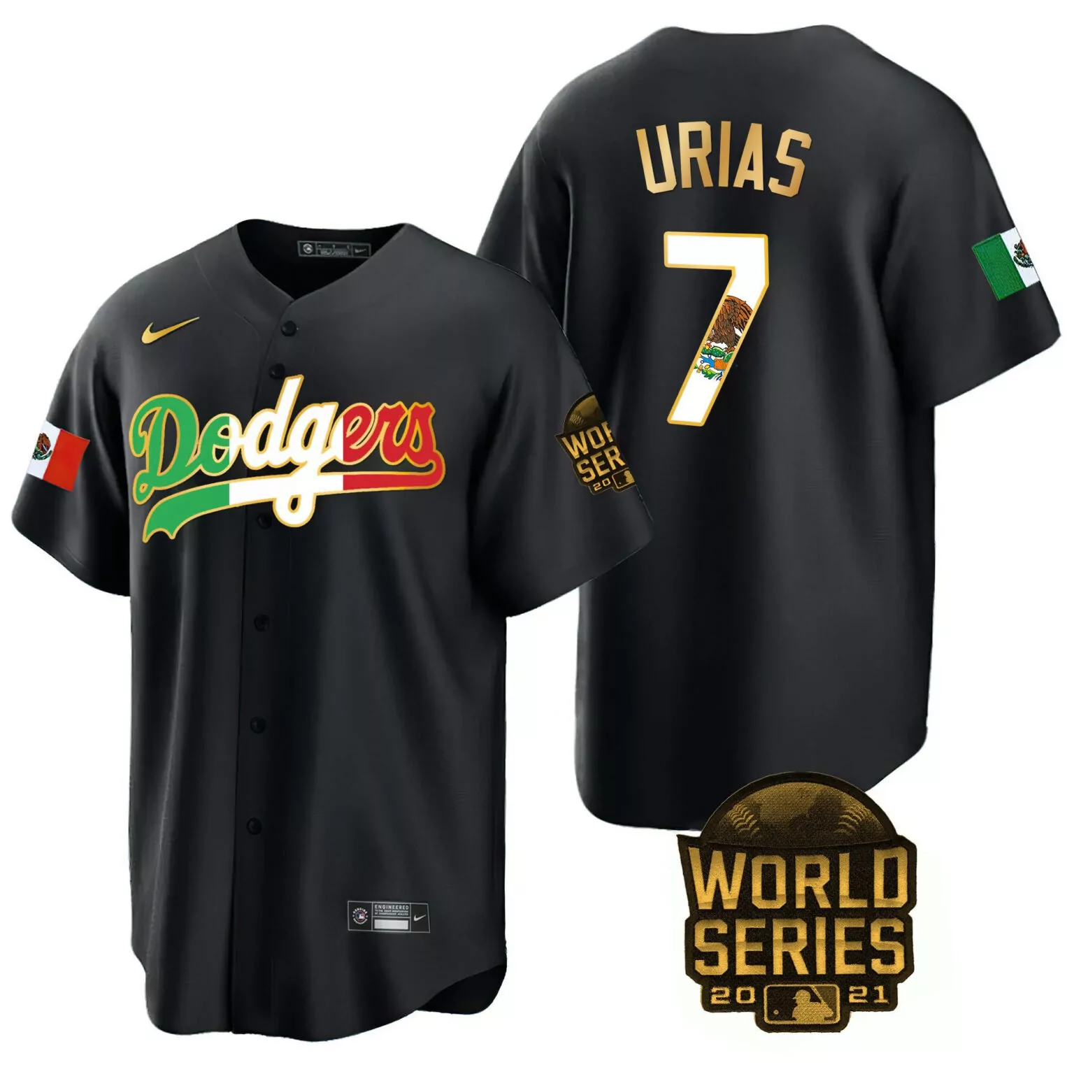 Julio Urias 7 Dodgers Jersey Black Mexico Day World Series 2021 Men MLB Gold Green