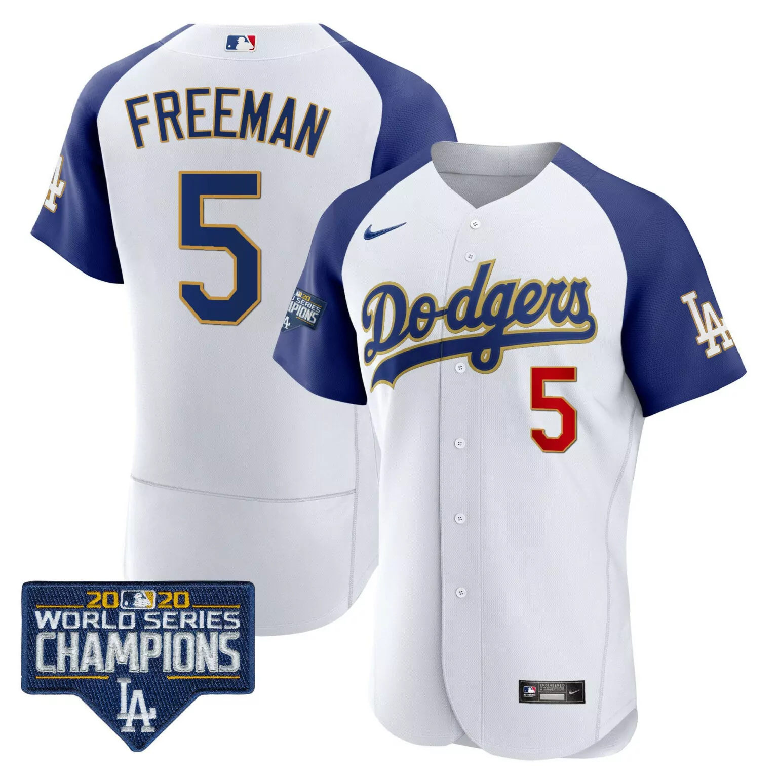 Freddie Freeman 5 Dodgers Jersey White 2020 World Series Champions Men Blue Gold