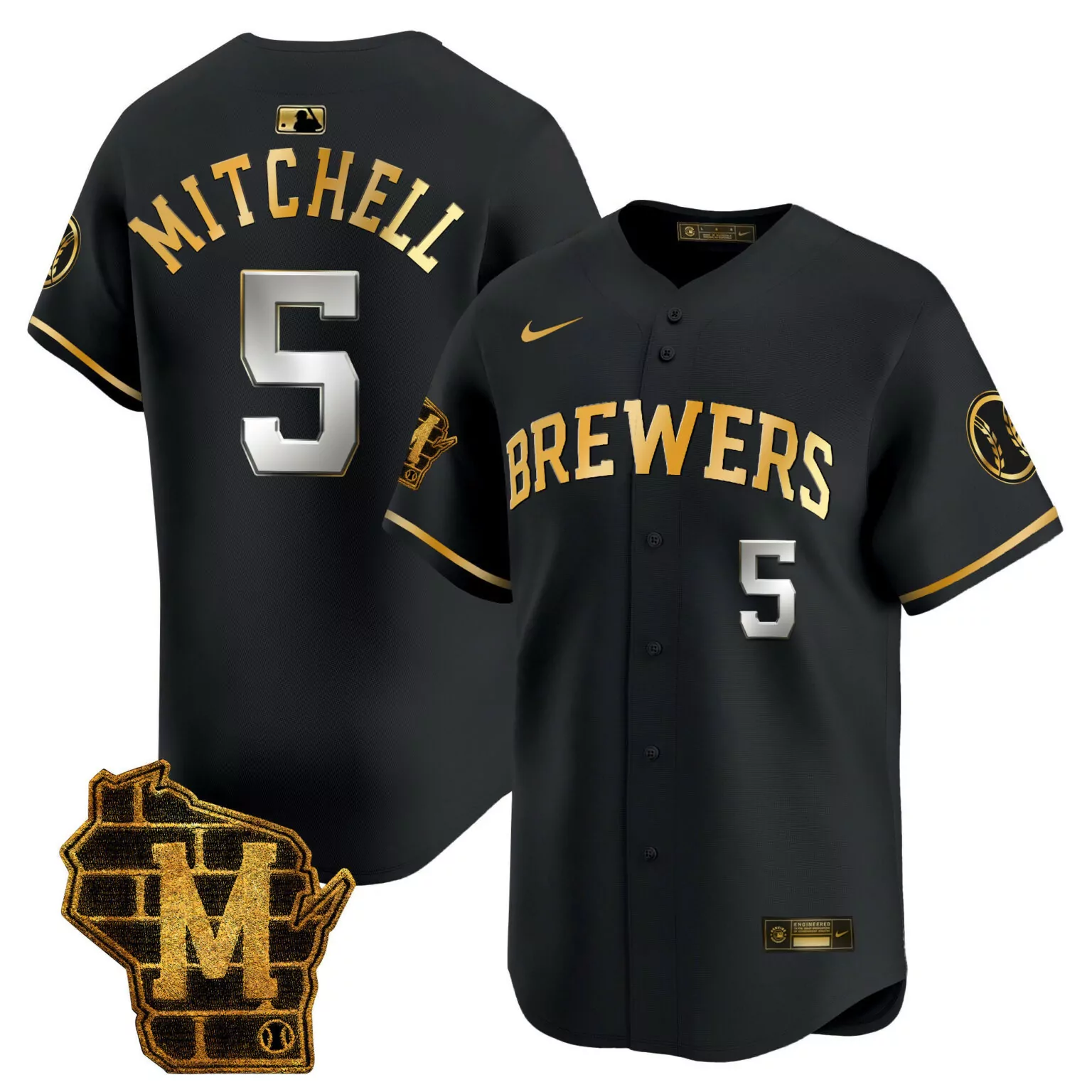 Garrett Mitchell 5 Brewers Jersey Black City Connect Wisconsin State 2023 Men Gold