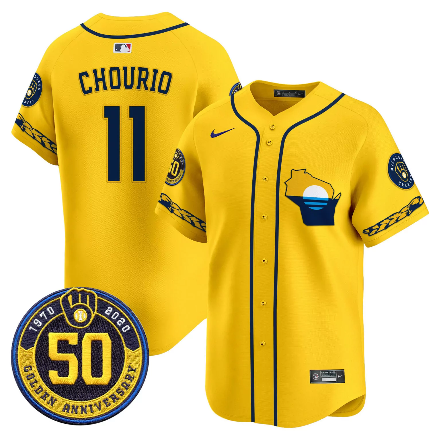 Jackson Chourio 11 Jersey Yellow Golden Anniversary Milwaukee Brewers Men Navy Blue