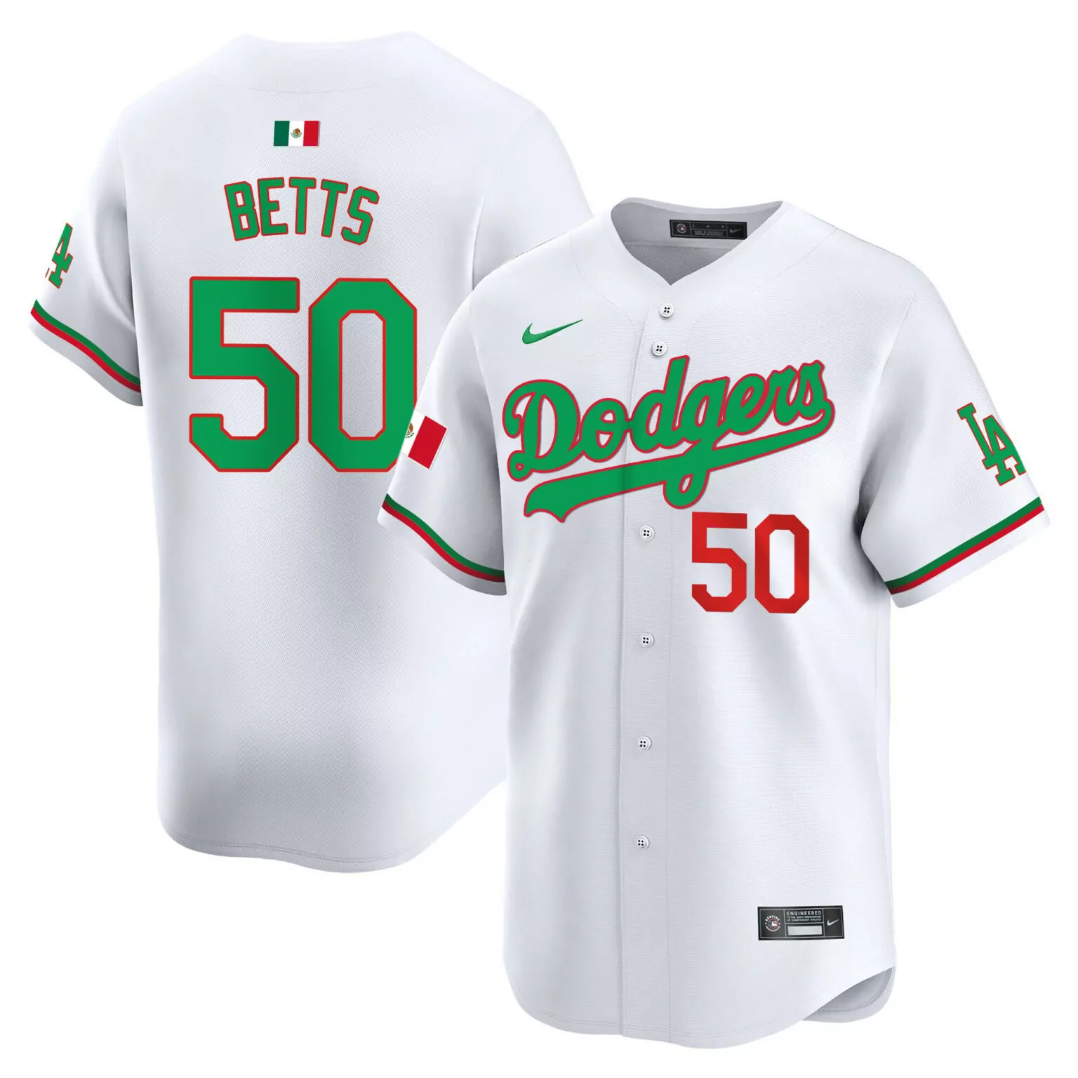 Mookie Betts 50 Dodgers Jersey White Mexico Flag Men Alternate Green Red v2 All Stitched