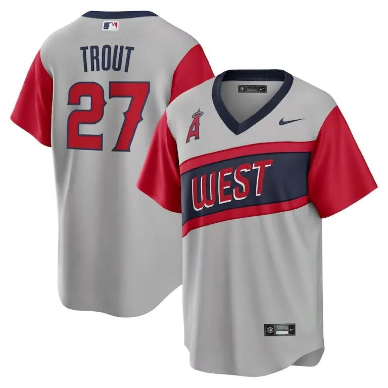 Mike Trout 27 Los Angeles Angels Jersey Gray Men Split Design Red Navy Classic