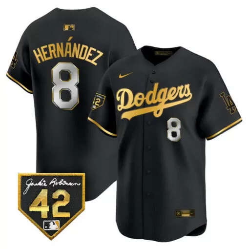 Hernandez 8 Dodgers Jersey Black Jackie Robinson Day 42 Men MLB Gold Silver Vapor