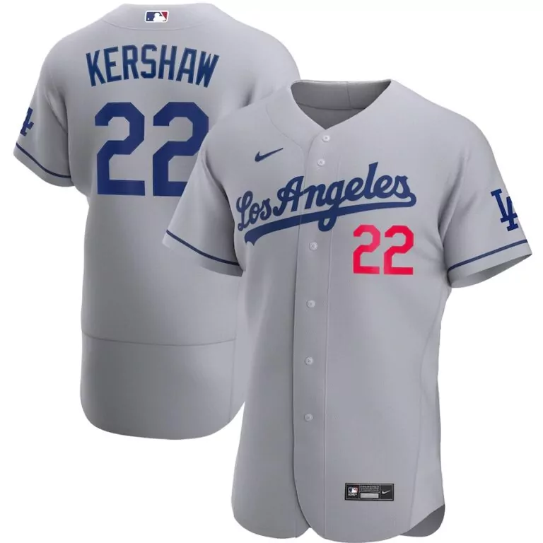 Clayton Kershaw 22 Jersey Gray Los Angeles Dodgers Men Blue Red