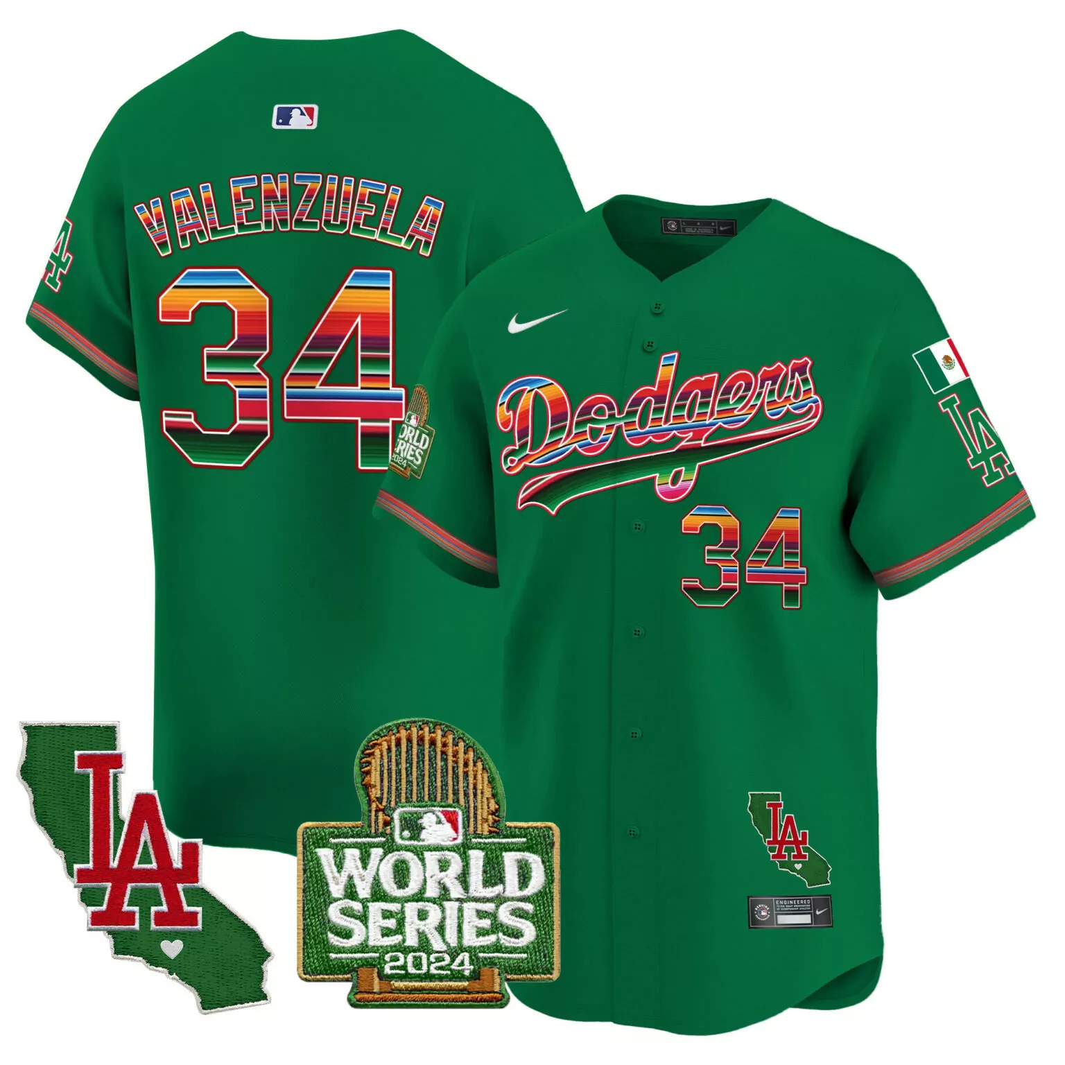 Fernando Valenzuela 34 Dodgers Jersey Green Cinco De Mayo World Series 2024 California Outline LA