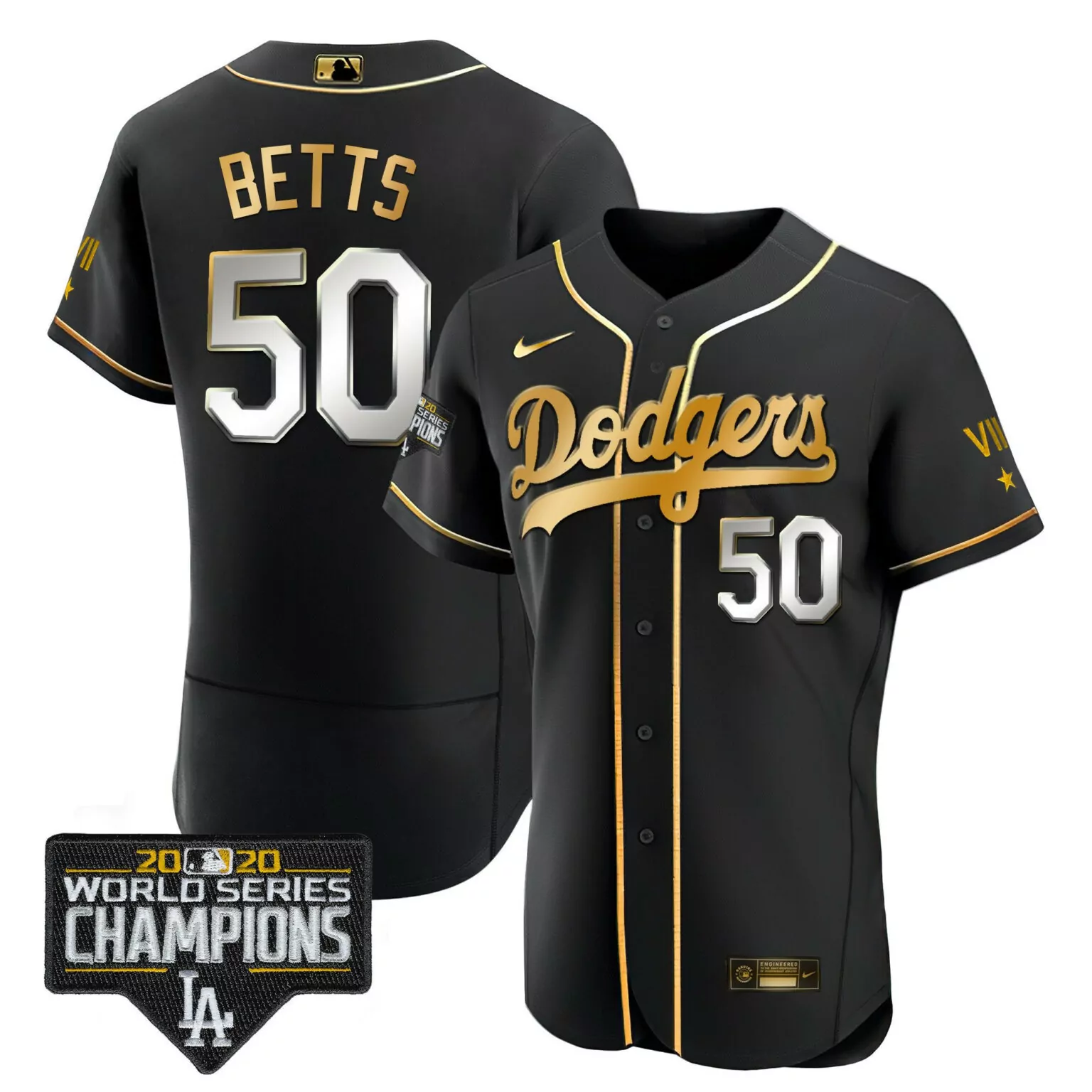 Mookie Betts 50 Dodgers Jersey Black 2020 World Series Champions Men Gold White Silver