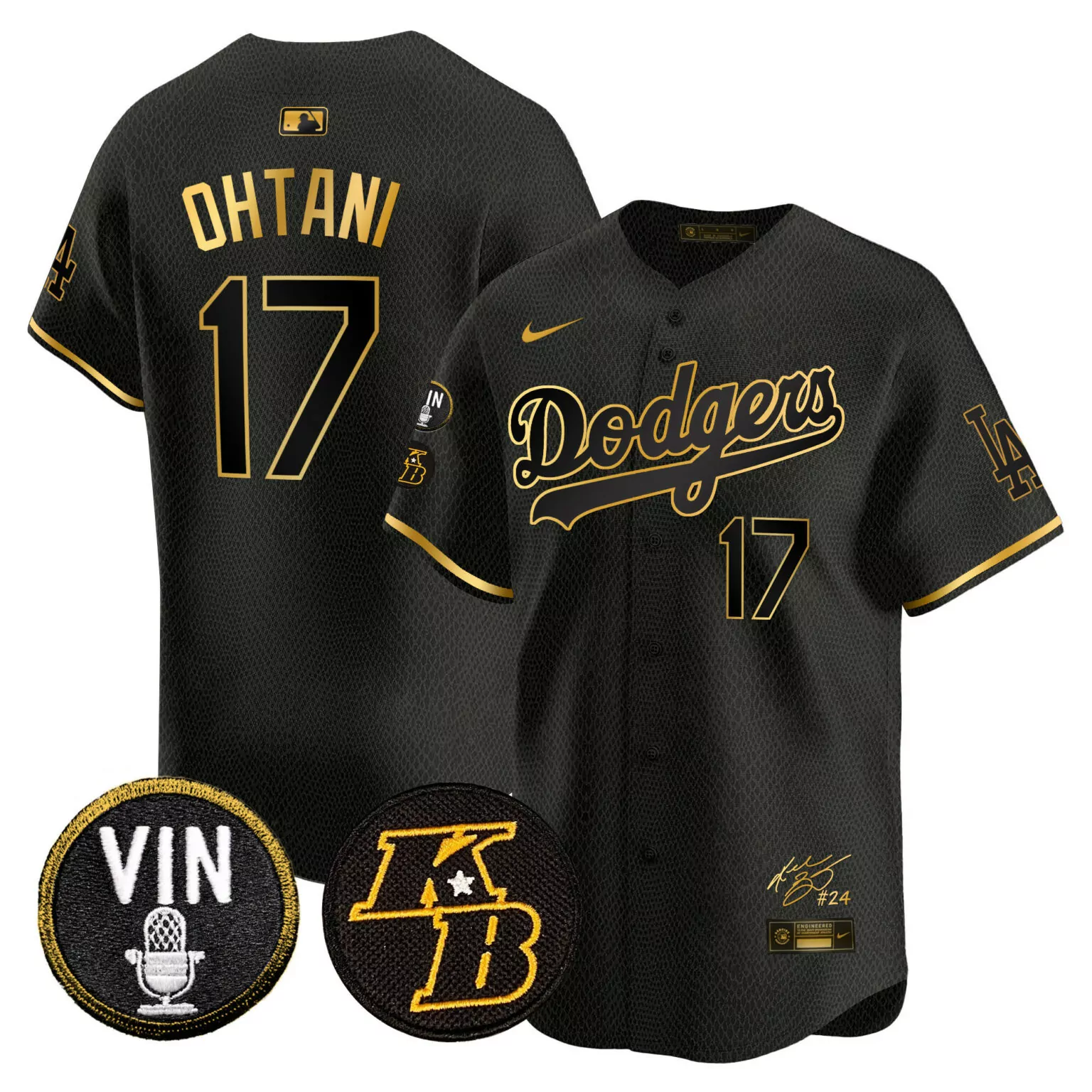 Shohei Ohtani 17 Dodgers Jersey Black Kobe Bryant Tribute Vin Scully Microphone Lakers