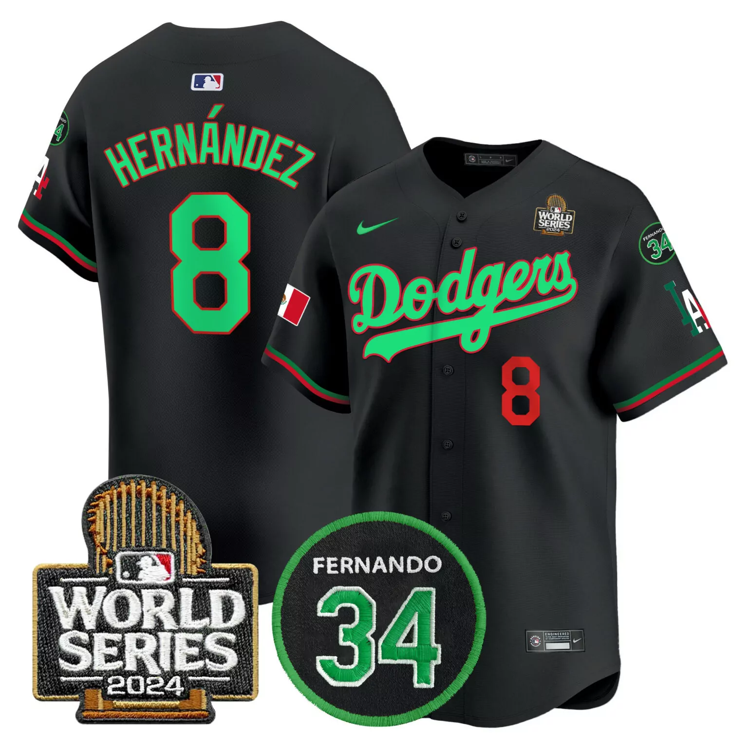 Hernandez 8 Dodgers Jersey Black World Series 2024 Mexico Flag Men Green Red v3 All