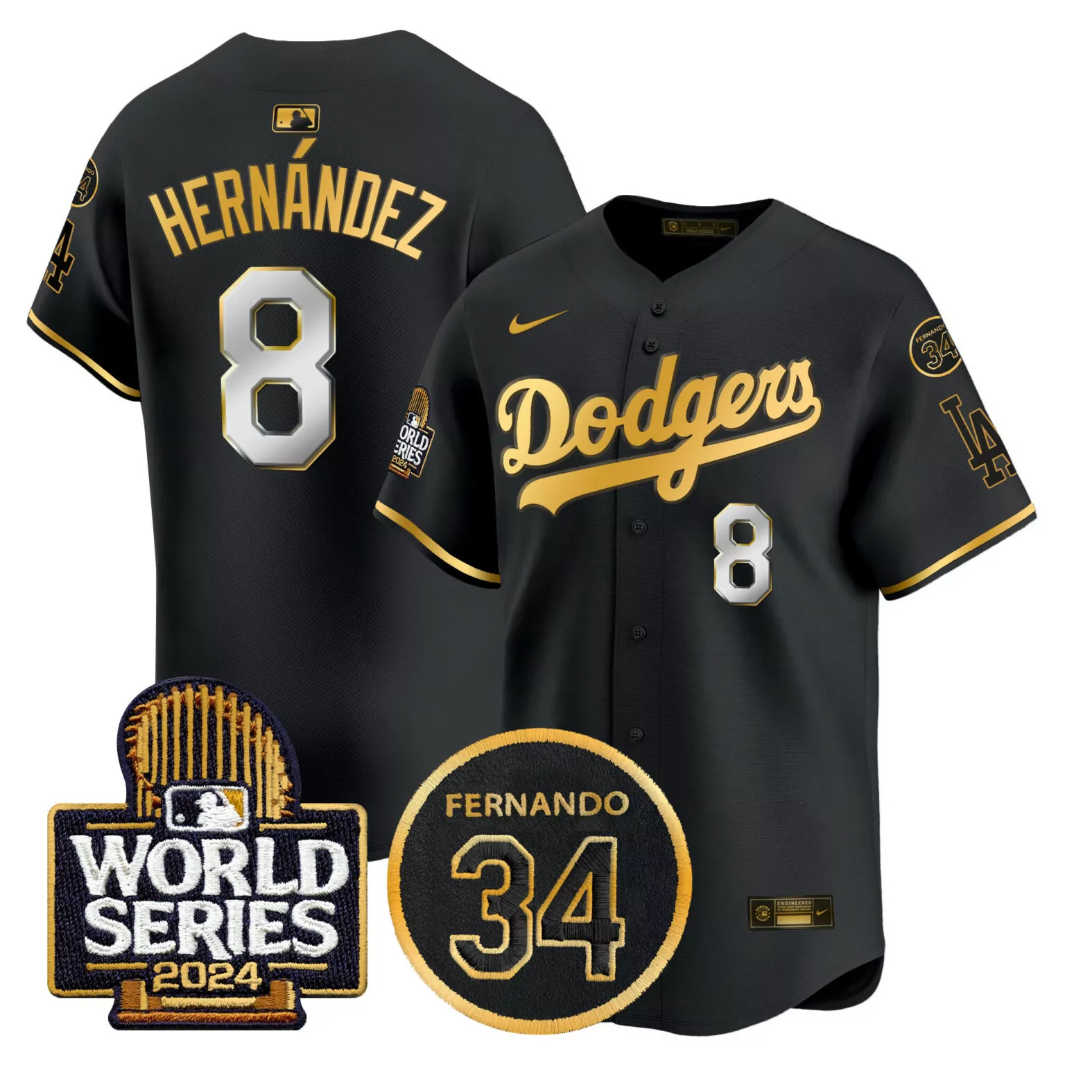 Kike Hernandez 8 Dodgers Jersey Black World Series 2024 Fernando 34 Men Gold All