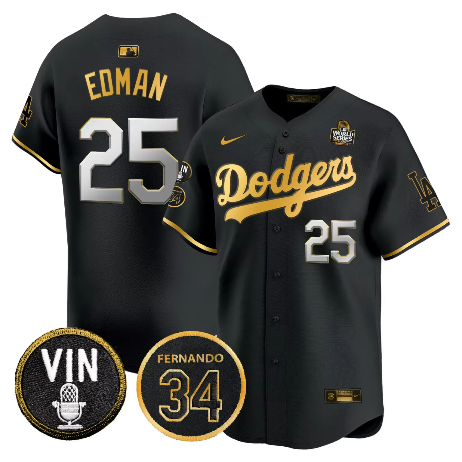 Tommy Edman 25 Dodgers Jersey Black 2024 World Series Vin Microphone Men Gold v3