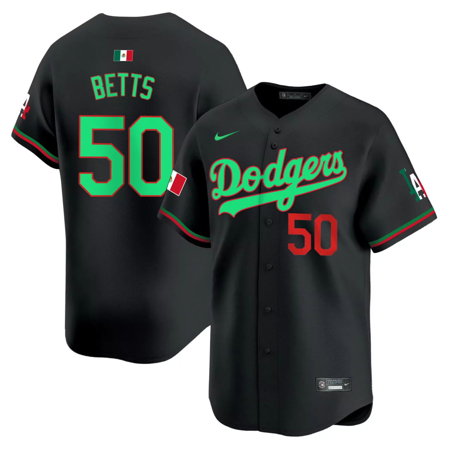 Mookie Betts 50 Dodgers Jersey Black Mexico Flag Men Green Red v2 All Stitched