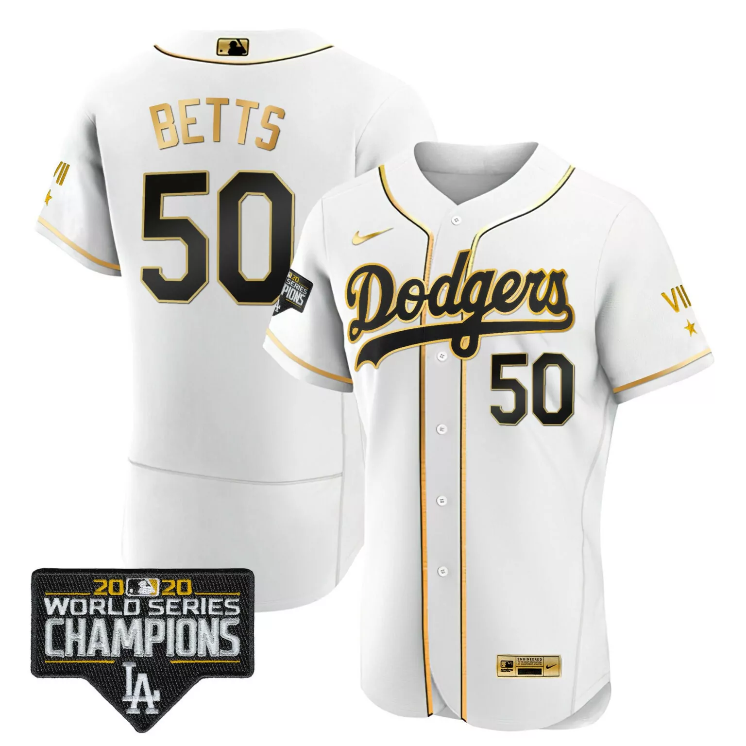 Mookie Betts 50 Dodgers Jersey White 2020 World Series Champions Men Black Gold Flex