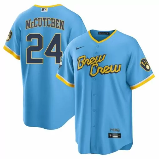 Andrew Mccutchen 24 Brew Crew Jersey Light Blue Men Yellow Navy Stitched