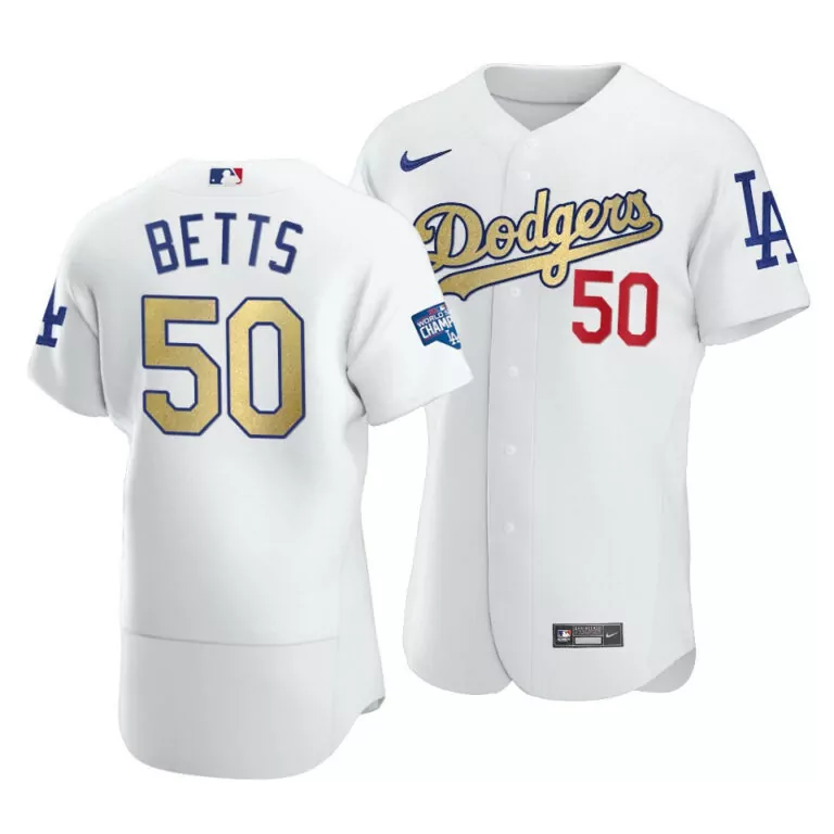 Mookie Betts 50 Dodgers Jersey White World Series Champions Men MLB Blue Gold Red