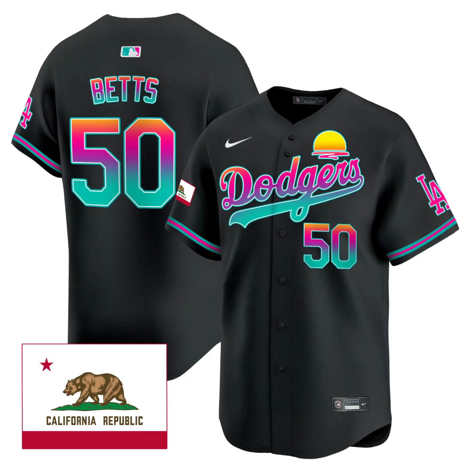 Mookie Betts 50 Dodgers Jersey Black California Republic Men Nike Alternate Split Design