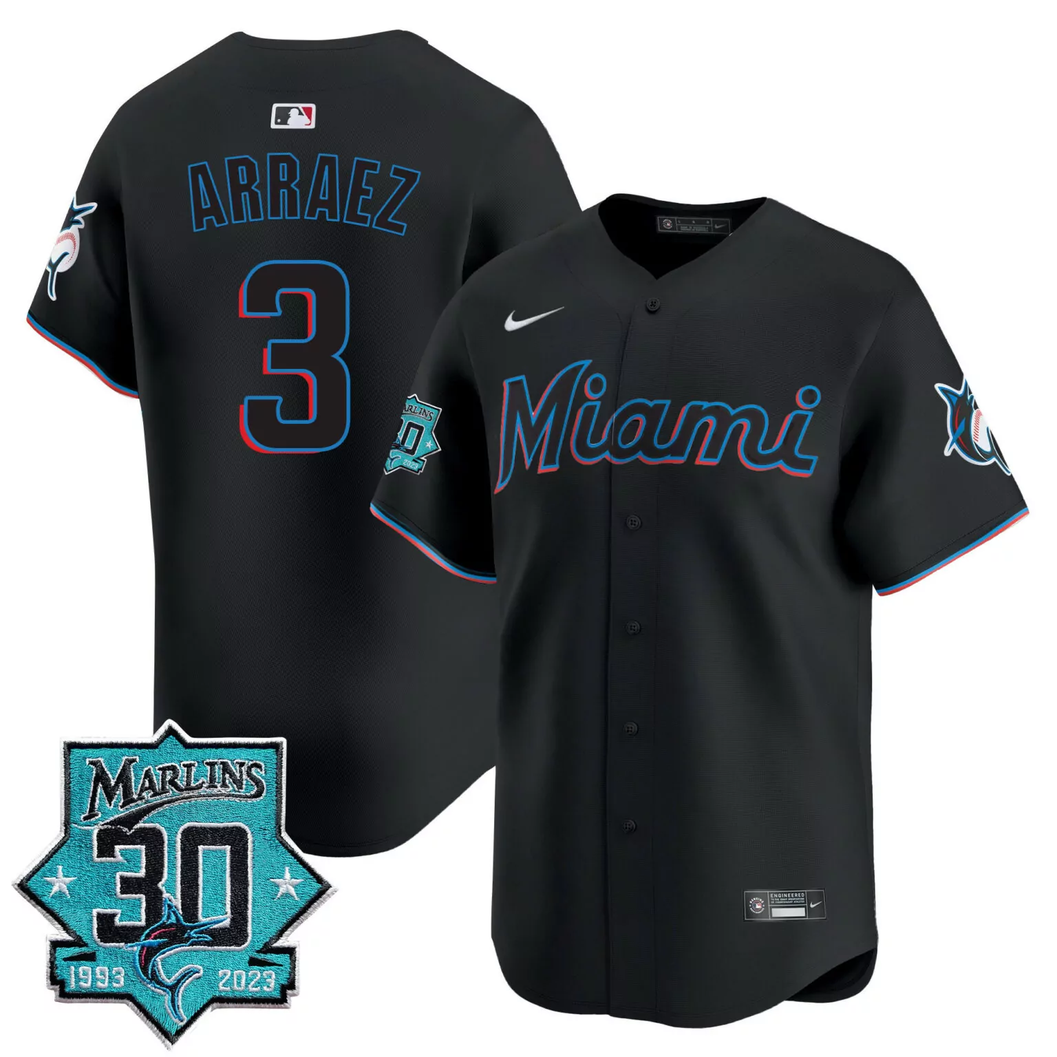 Luis Arraez 3 Marlins Jersey Black 30th Anniversary 1993-2023 2023 Men Blue Red All