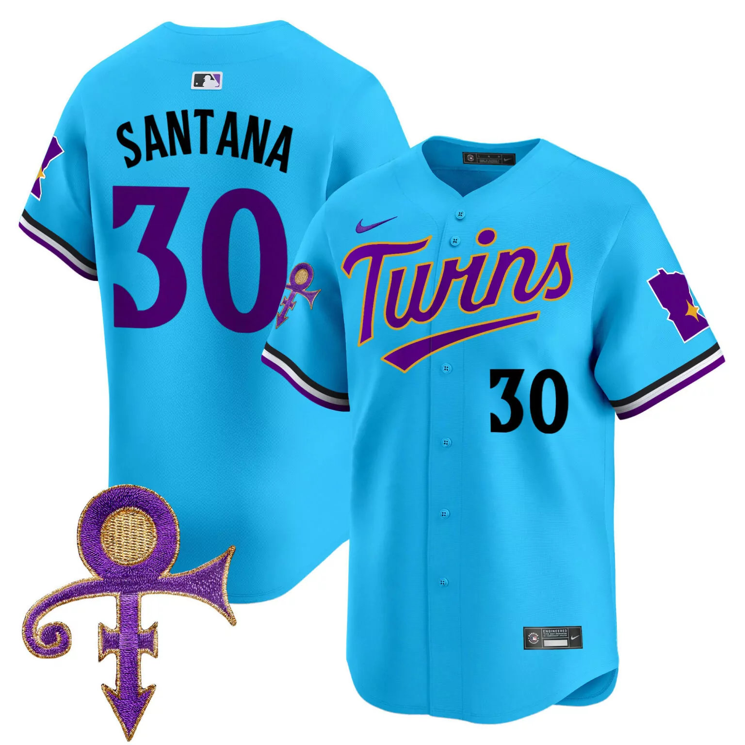 Carlos Santana 30 Twins Jersey Blue Prince Tribute Symbol Men Purple White Black