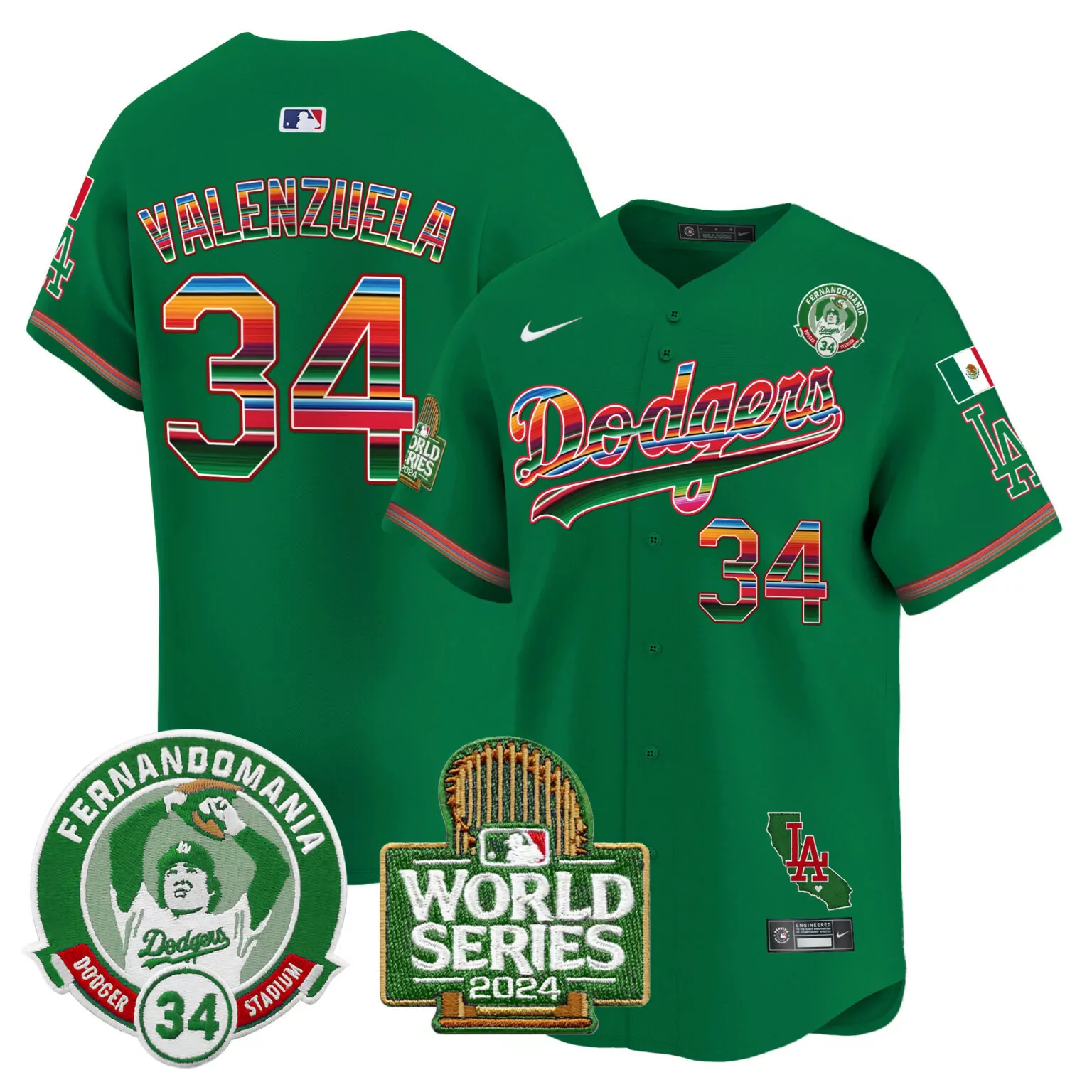 Fernando Valenzuela 34 Dodgers Jersey Green Cinco De Mayo Fernandomania World Series 2024