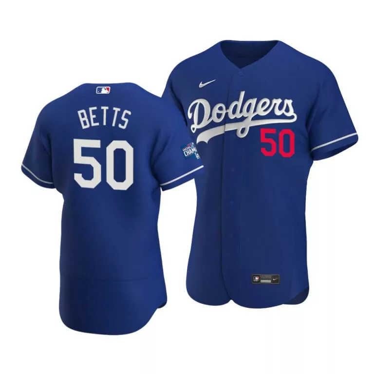 Mookie Betts 50 Dodgers Jersey Royal Blue World Series Champions Men White Red