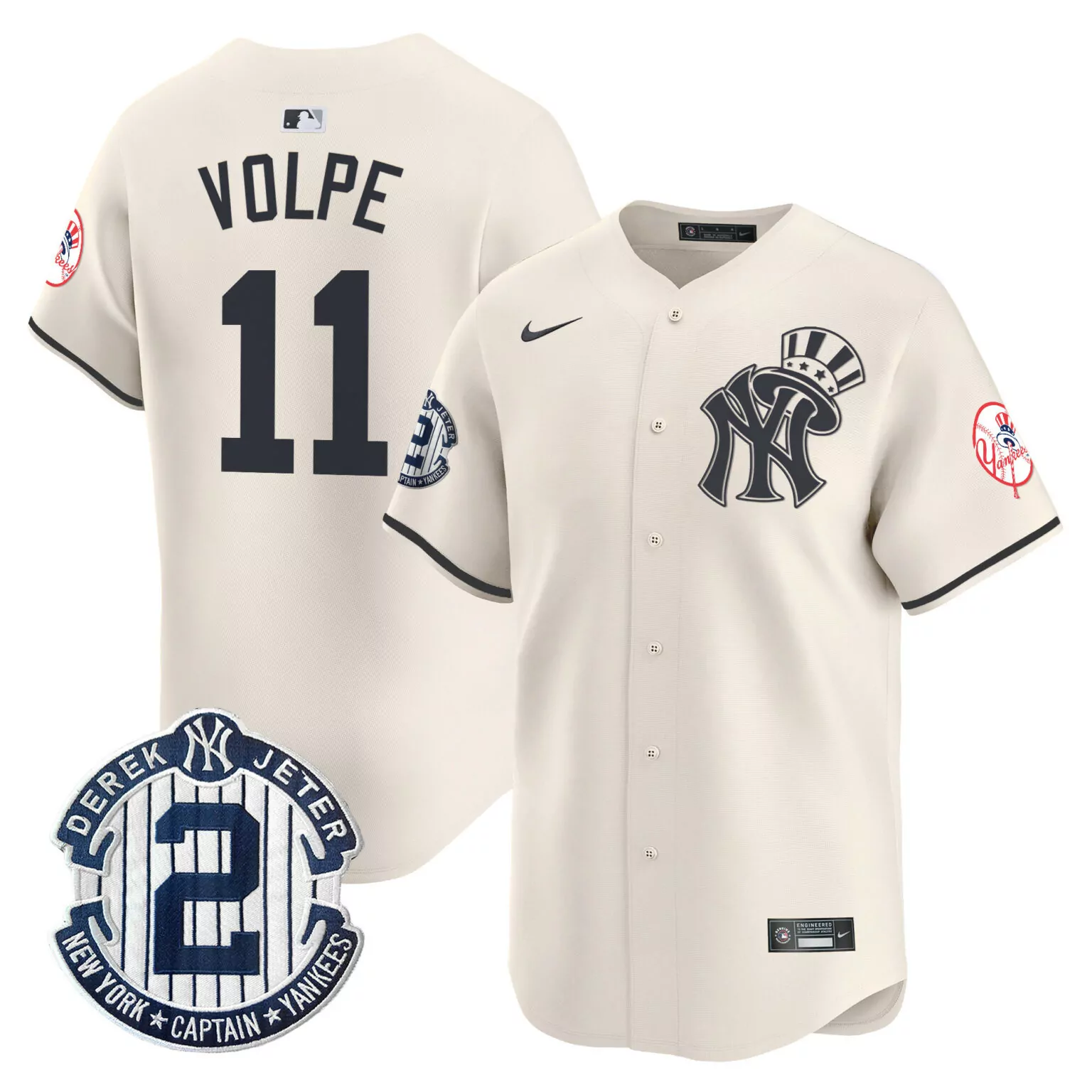 Anthony Volpe 11 New York Yankees Jersey Cream Derek Jeter Captain Edition Pinstripes