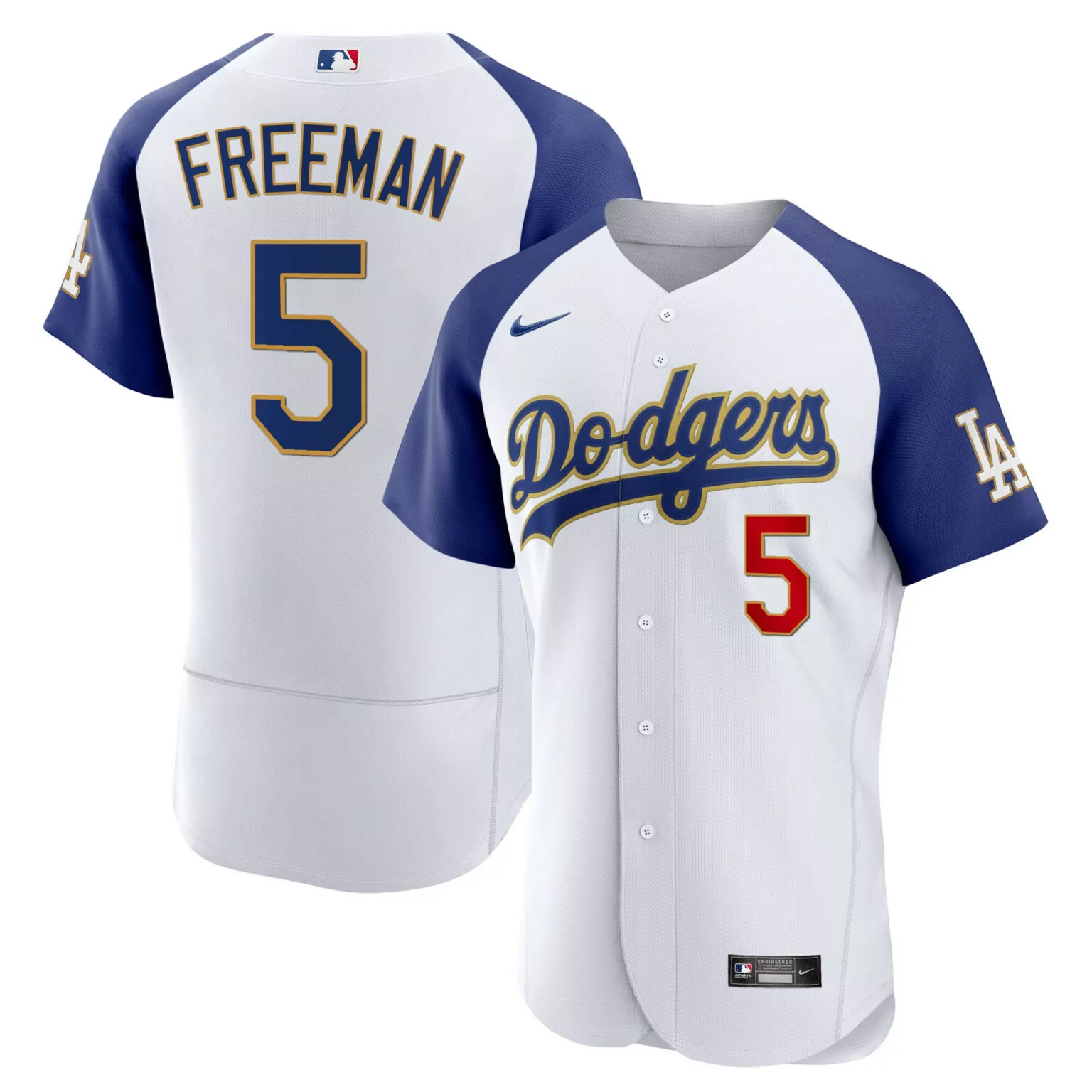 Freddie Freeman 5 Dodgers Jersey White Men Raglan Sleeve Blue Gold Red Alternate