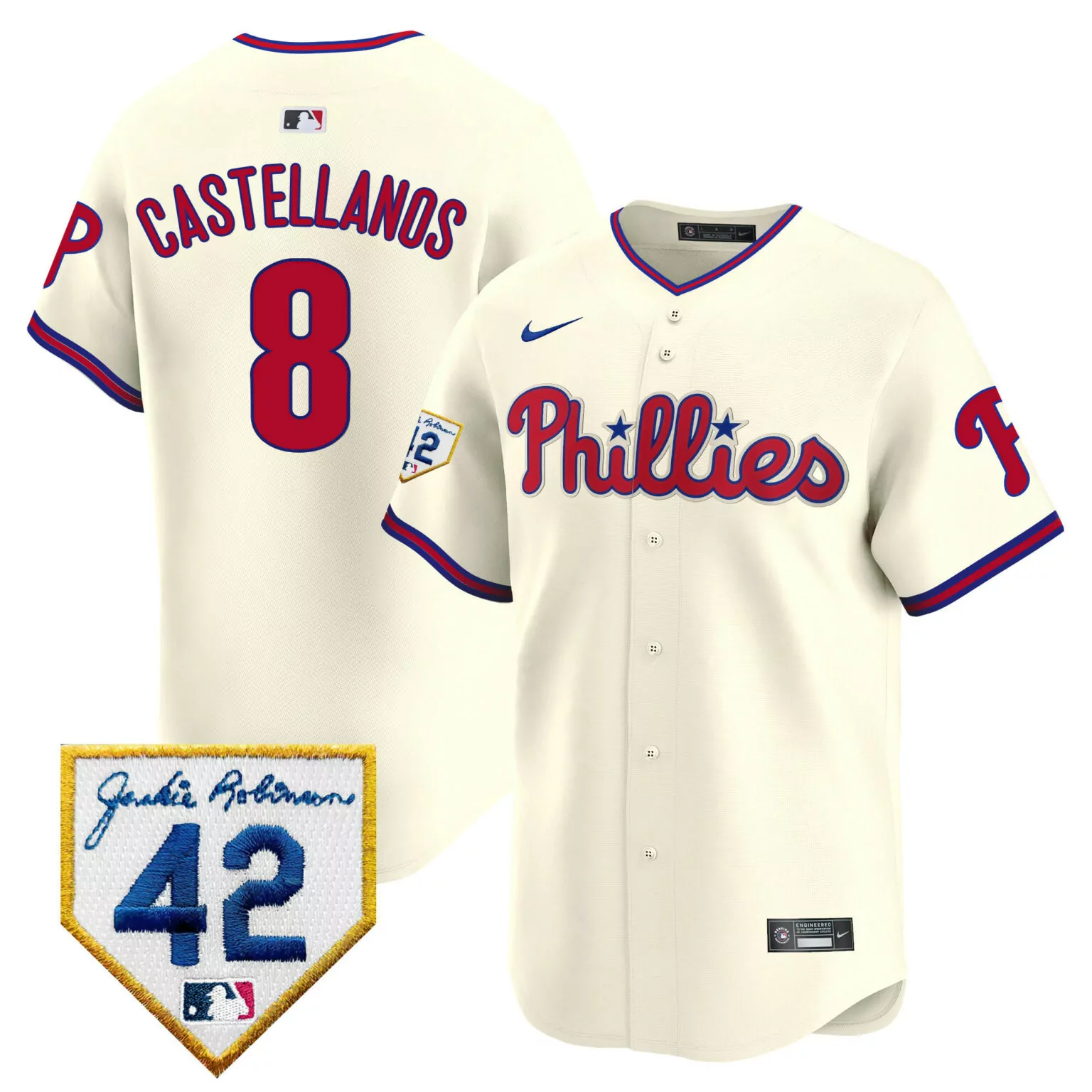 Nick Castellanos 8 Phillies Jersey Cream Jackie Robinson 42 Men Red Blue Vapor