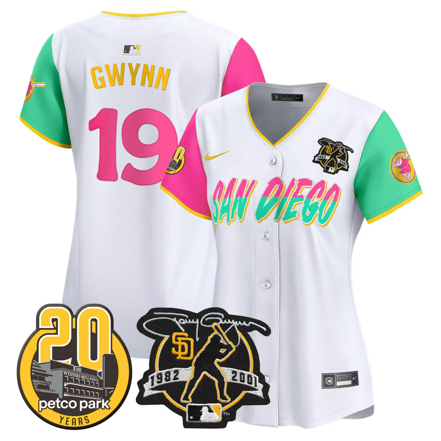 Tony Gwynn 19 San Diego Padres Jersey White Petco Park 20 Years 1982-2001 2001 Women