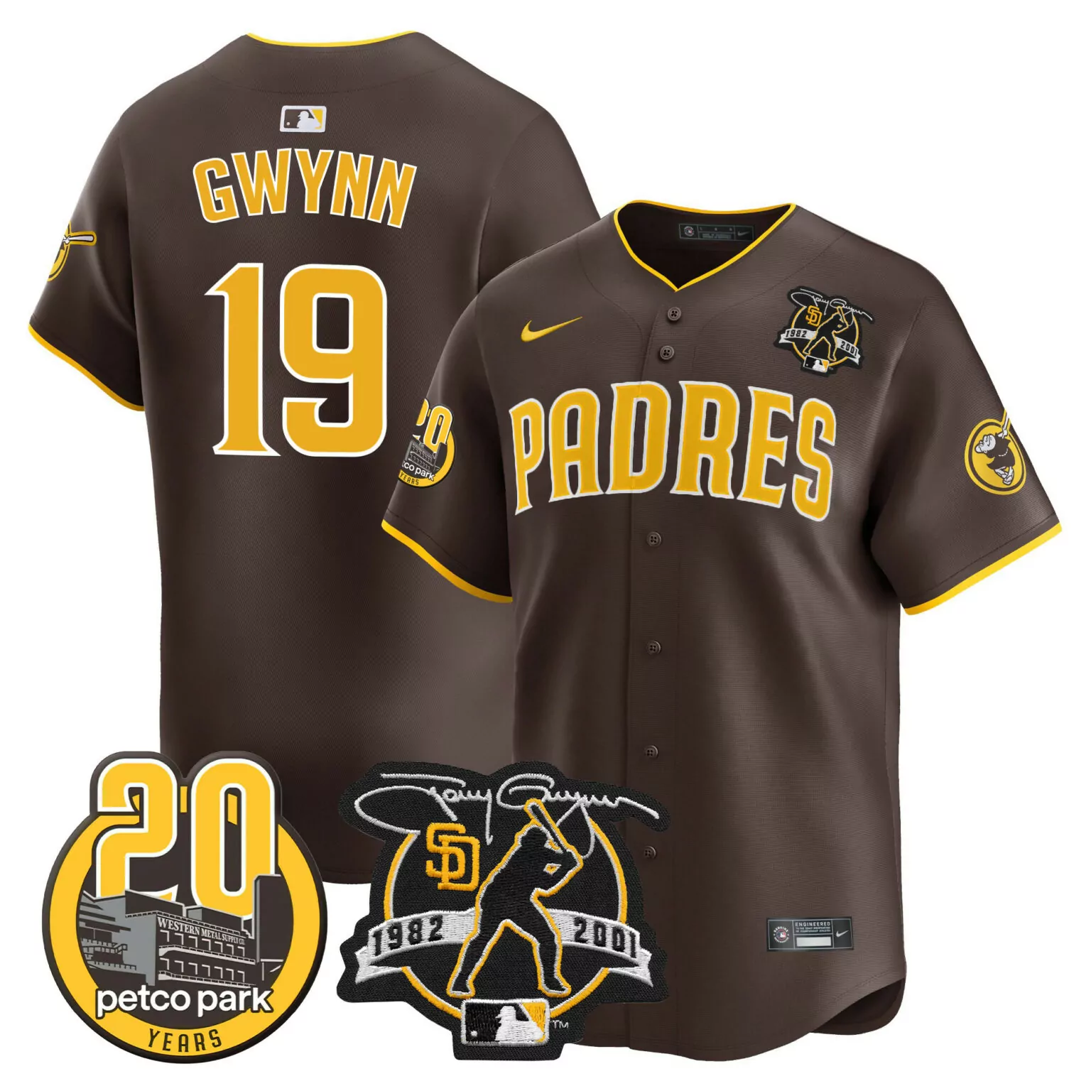 Tony Gwynn 19 Padres Jersey Brown 1982-2001 Petco Park 20 Years Men Yellow White