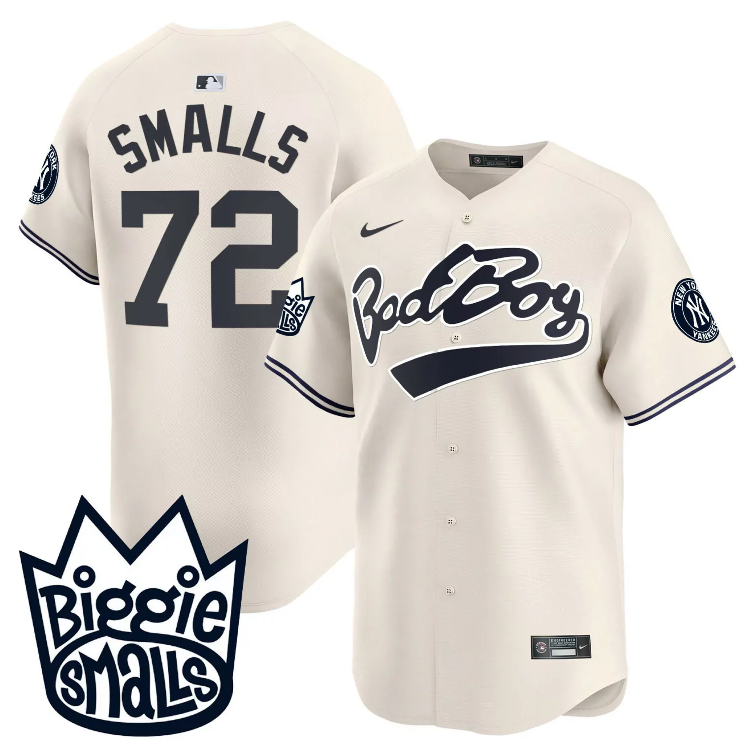 Smalls Biggie 72 New York Yankees Jersey Cream Bad Boy Men Navy Blue All Stitched